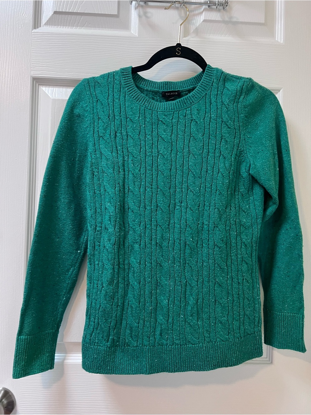 Talbots Flecked Kelly Green Cable Knit Crew Neck Sweater Preppy Buttons Small